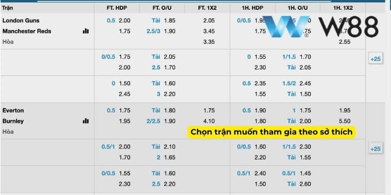 Chọn trận muốn tham gia theo sở thích